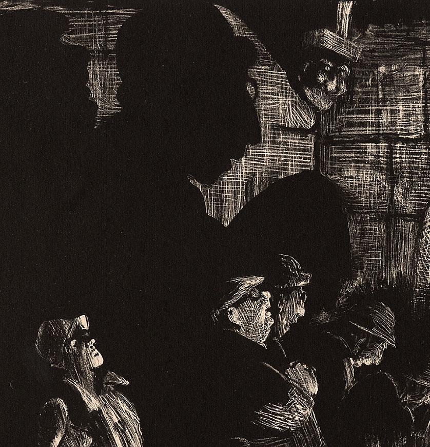 Tourists in the Crypt at Chartres (an image of worshipers in shadows)  - Print by Mabel Dwight