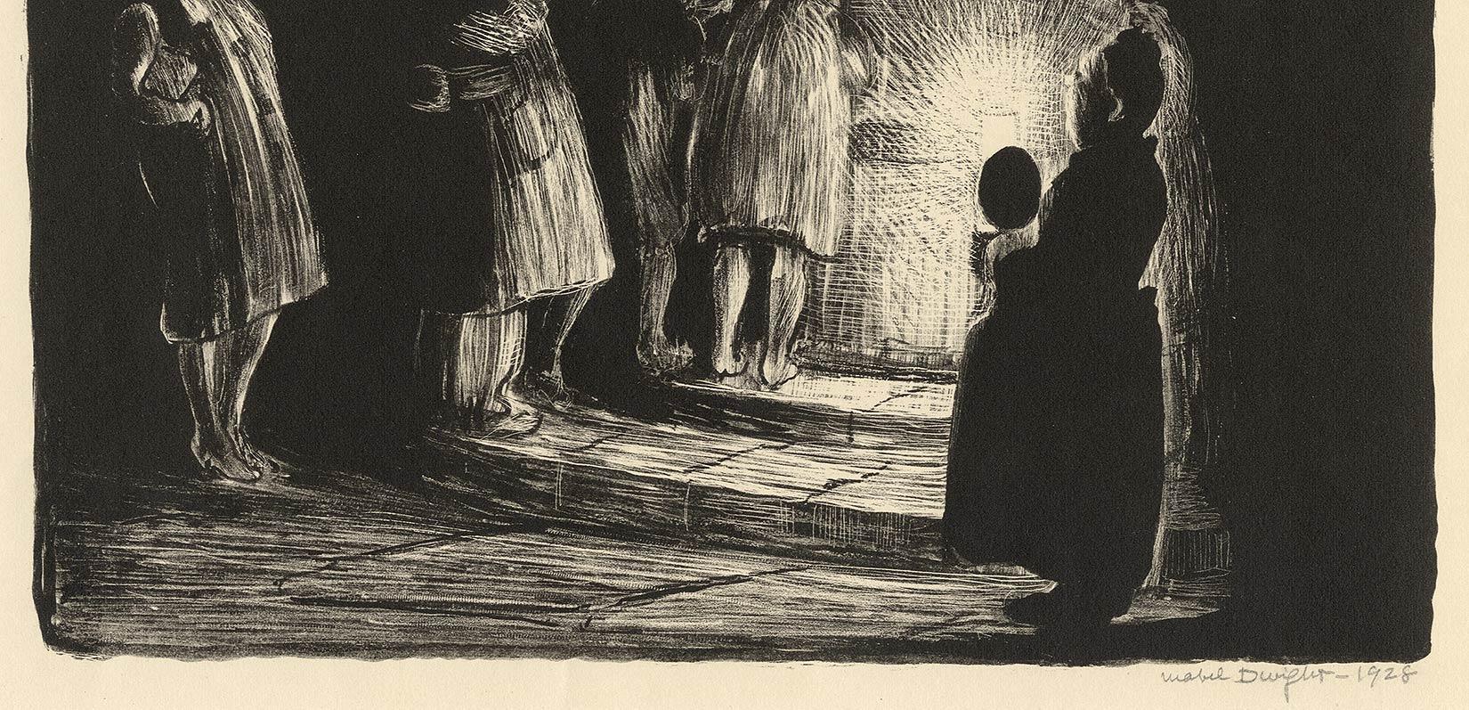 Tourists in the Crypt at Chartres (an image of worshipers in shadows)  - American Modern Print by Mabel Dwight