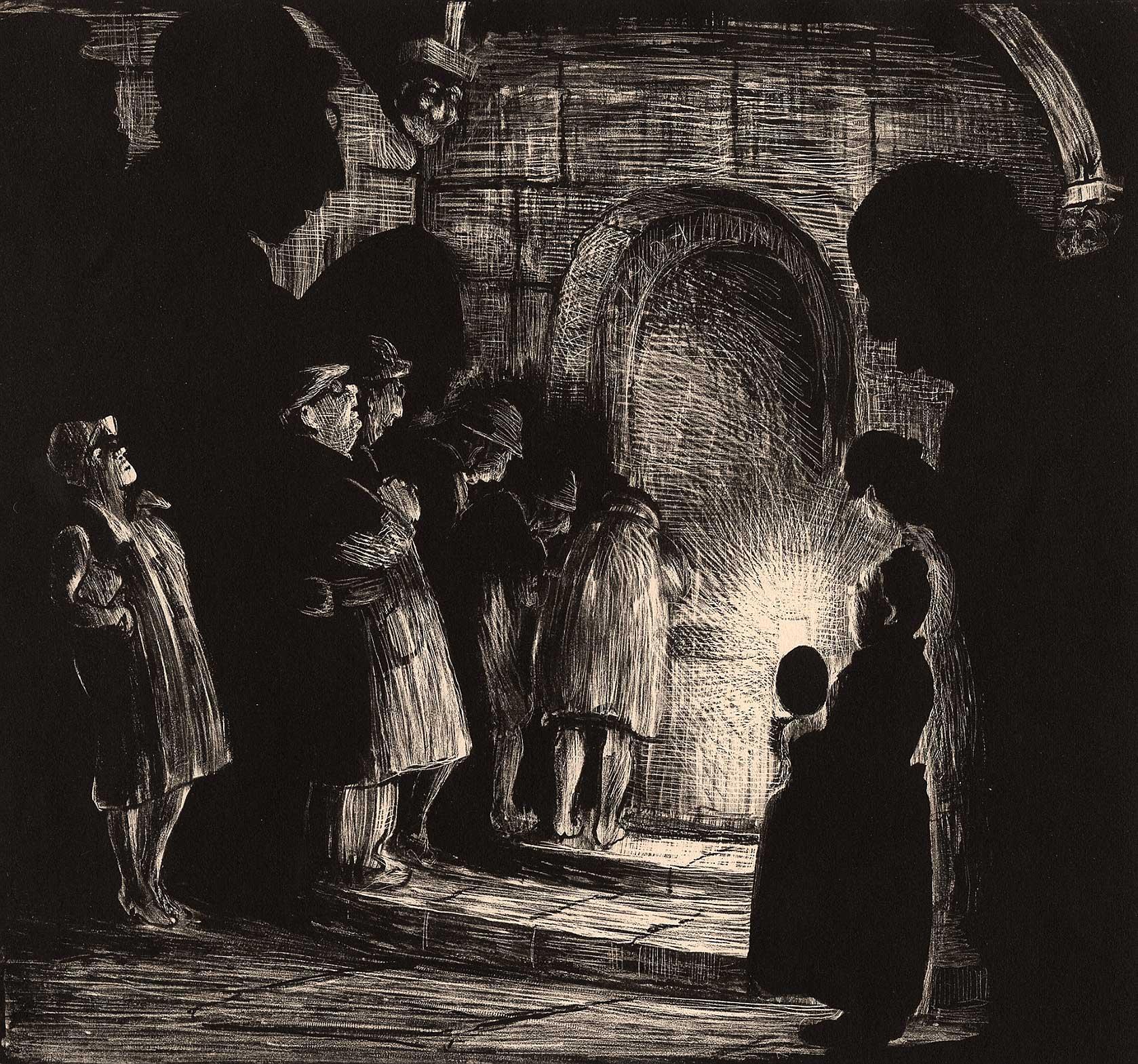Mabel Dwight Figurative Print - Tourists in the Crypt at Chartres (an image of worshipers in shadows) 