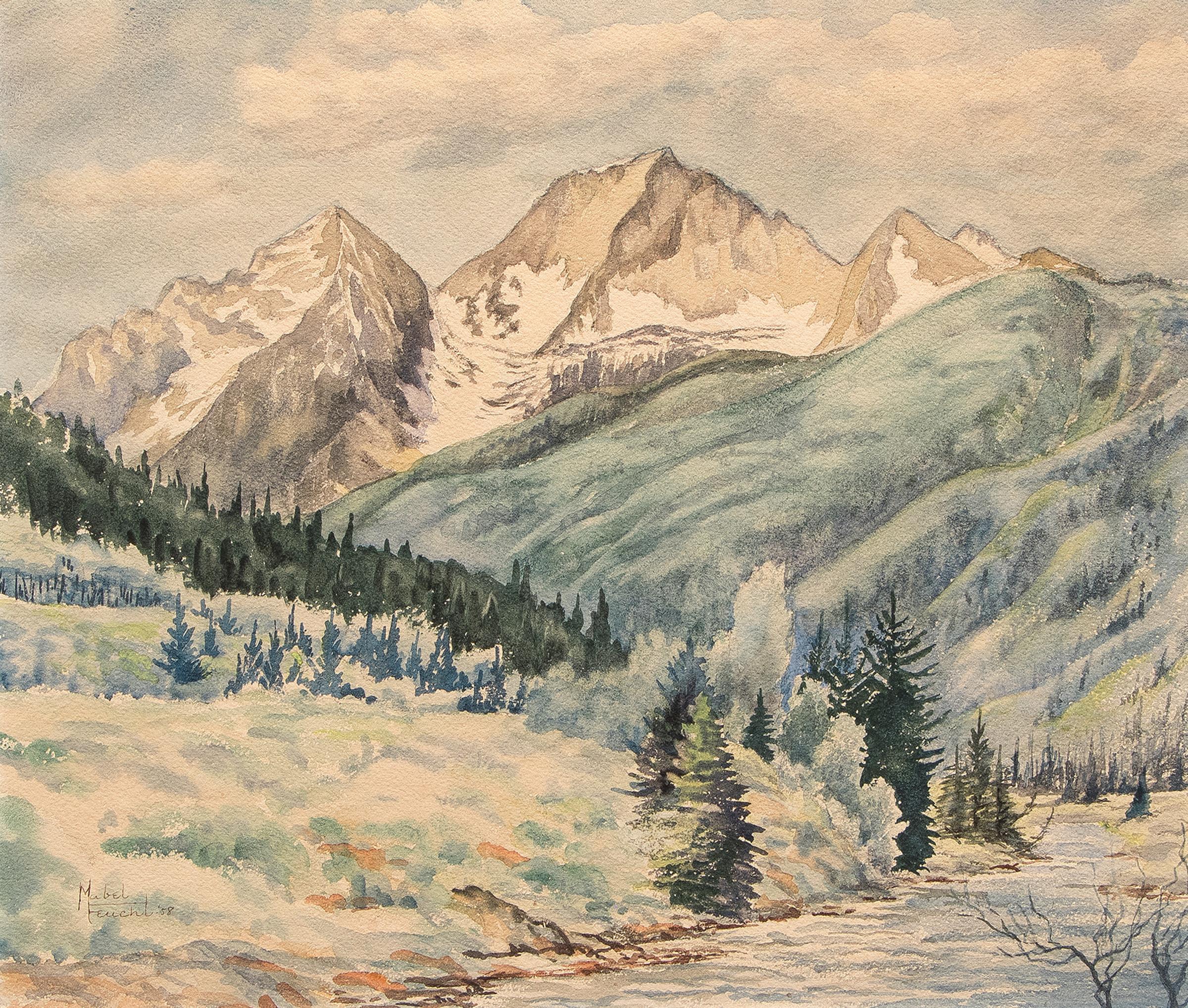 1950s Colorado Mountain Landscape with River, Early Summer Landscape, Green Gray - Art by Mabel Feucht
