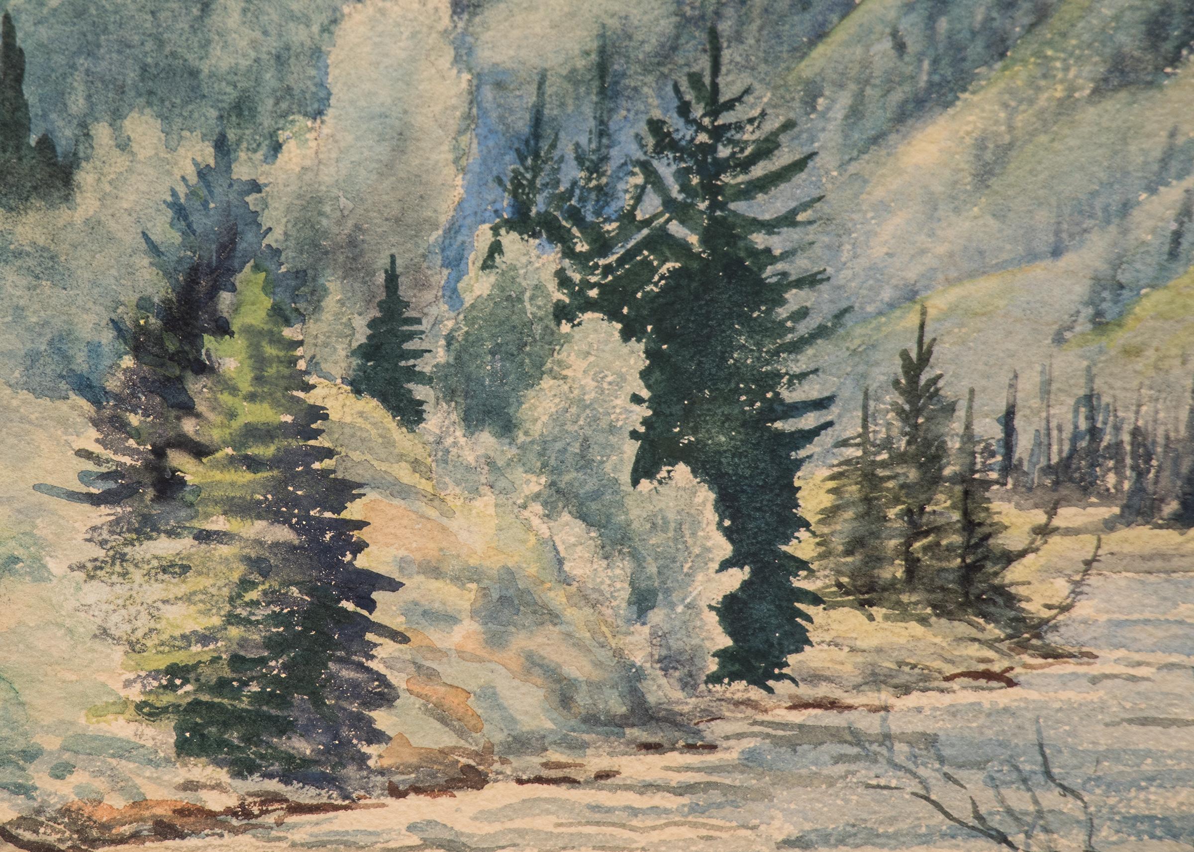 Watercolor mountain landscape with a river painted in 1958 by Mabel Feucht (1901-1992). Fantastic Colorado landscape scene from early summer with various shades of lush green trees. Presented in a custom frame, outer dimensions measure 21 ¼ x 23 ¾ x