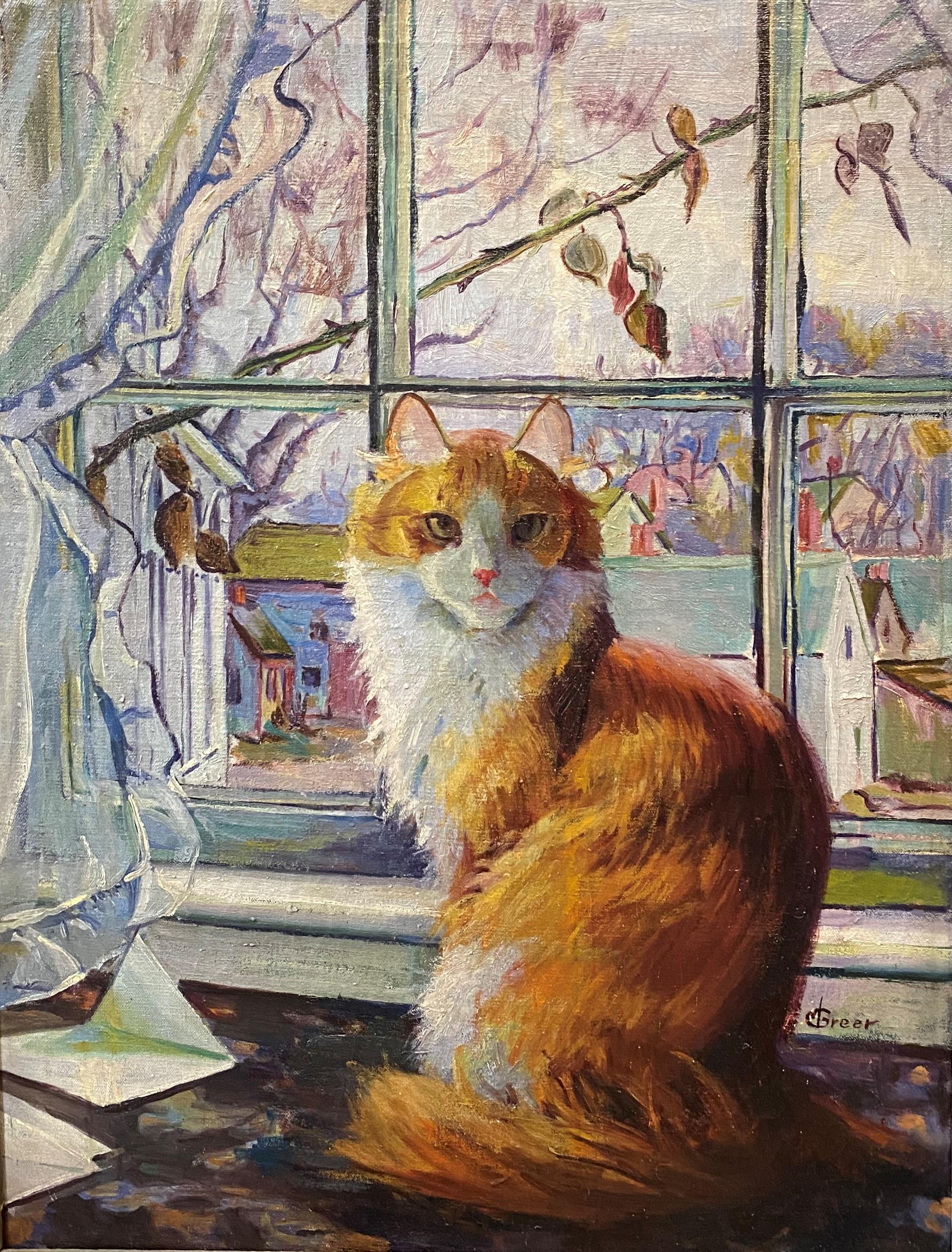 Chat dans la fenêtre avec une vue sur le front de mer - Impressionnisme américain Art par Mabel Greer