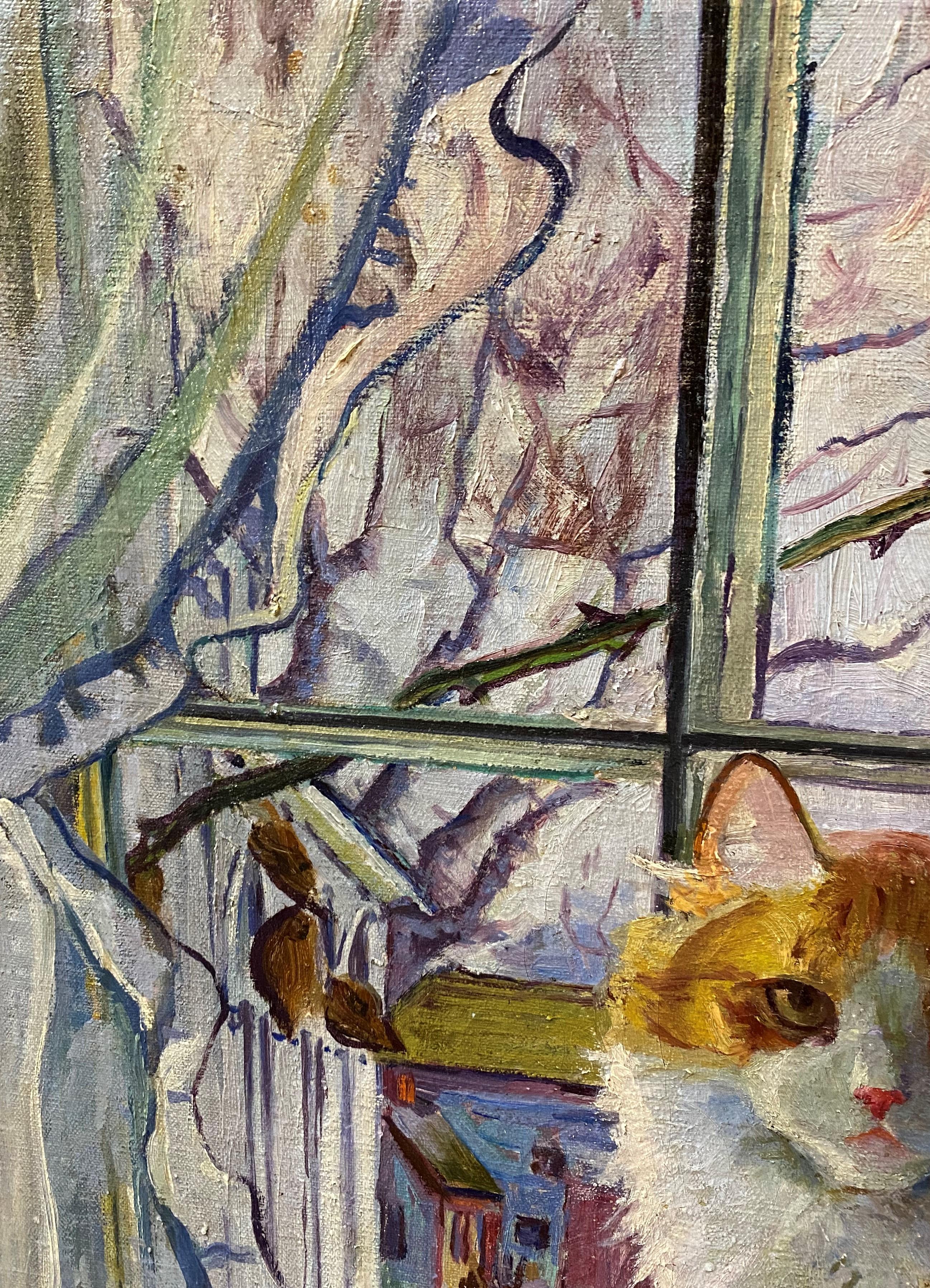 Cat in the Window with a Waterfront View - American Impressionist Art by Mabel Greer