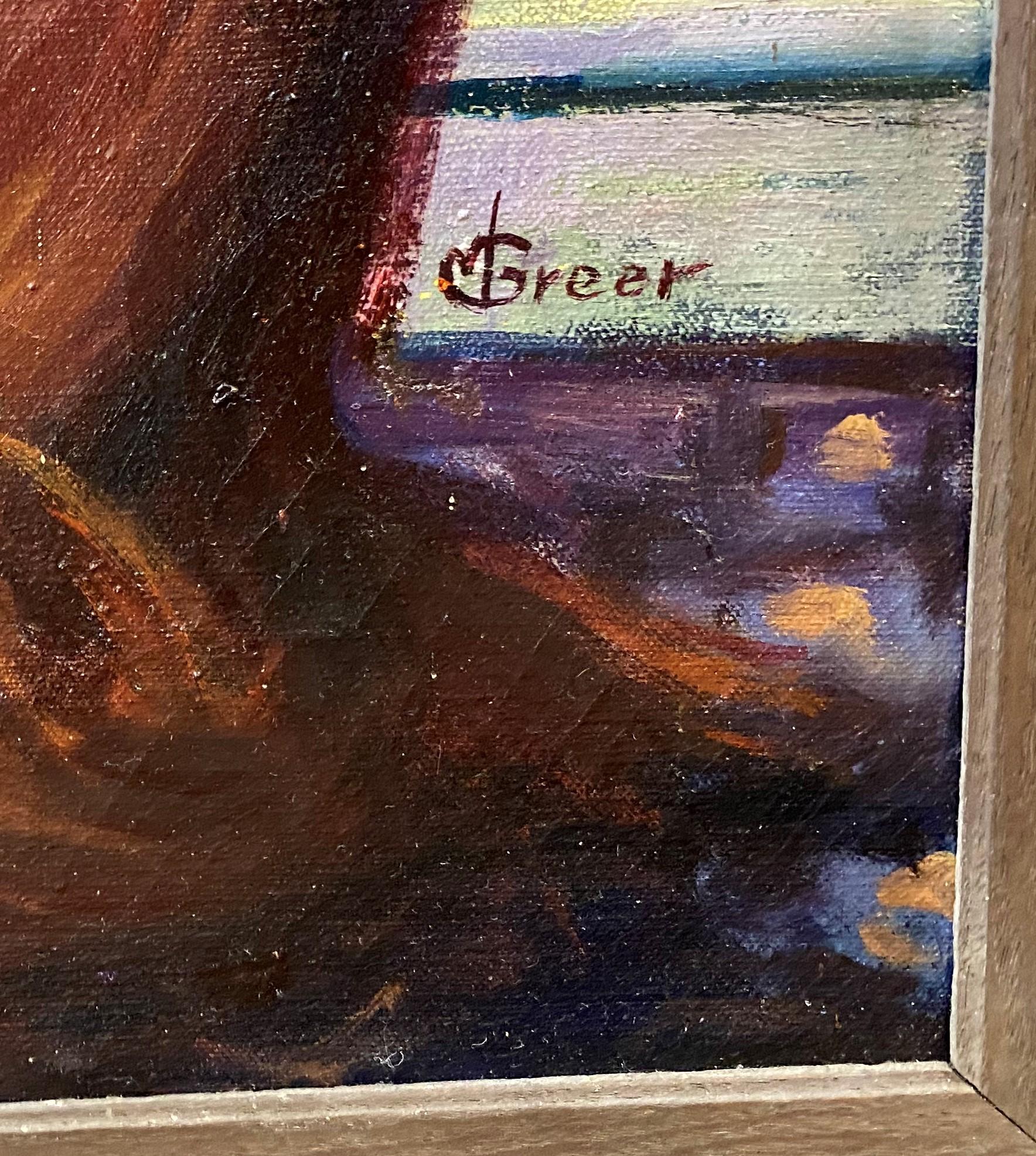 Ein feines figurales Ölgemälde einer Katze im Fenster mit Blick aufs Wasser, möglicherweise auf Gloucester,  der amerikanischen Künstlerin Mabel Greer (1880-1972). Greer wurde in Wellfleet, Massachusetts, geboren und wurde durch ihre Stillleben und