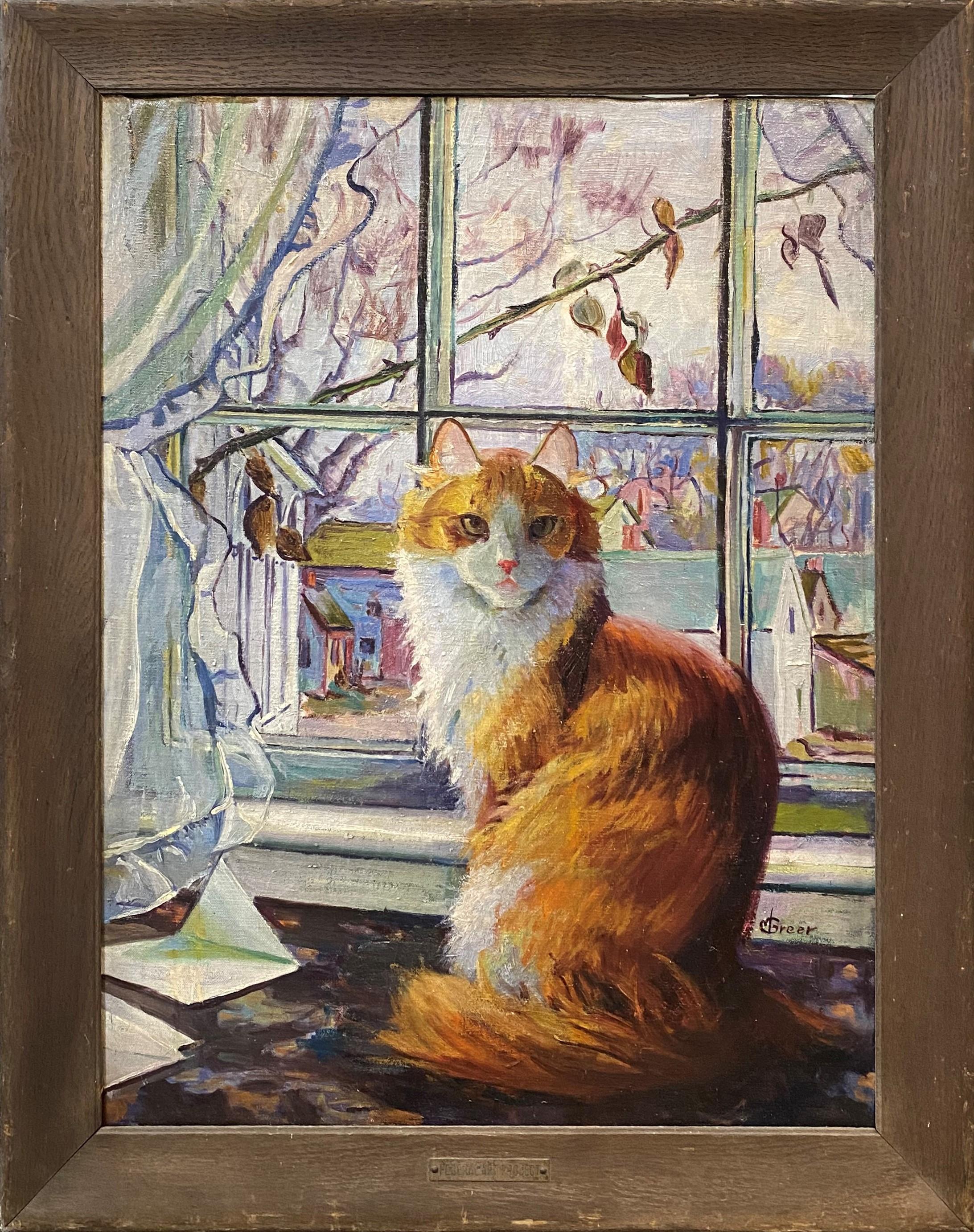 Katzen im Fenster mit Blick auf das Wasserfront – Art von Mabel Greer