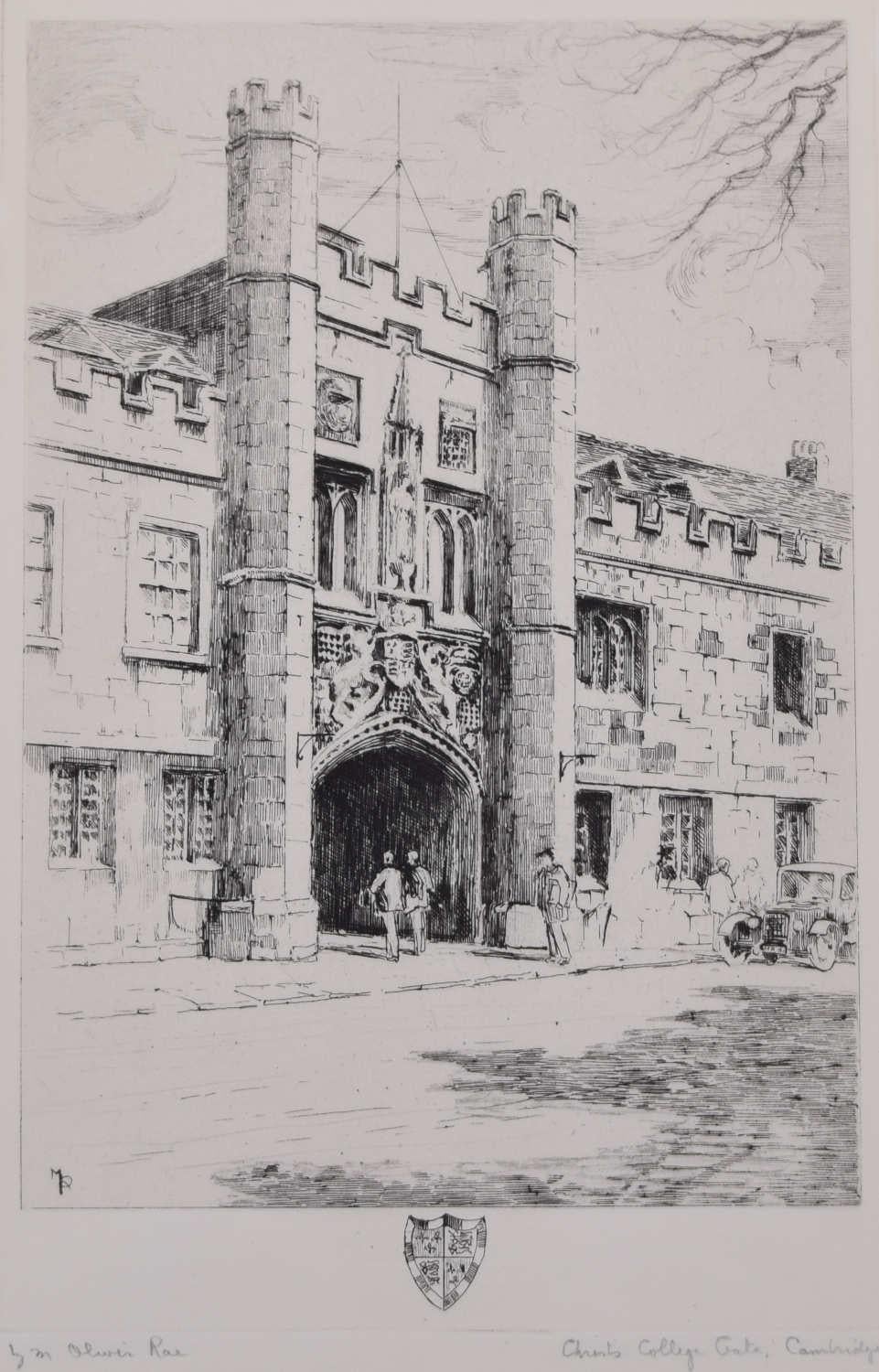 Mabel Oliver Rae (1868-1956)
Christ's College Gate
27 x 19 cm 
Etching 
Signed and titled. 

Mabel Oliver Rae was born in Cambridge and trained at the Slade School of Fine Art between 1888 and 1890. Rae is known for her skilled etchings of various