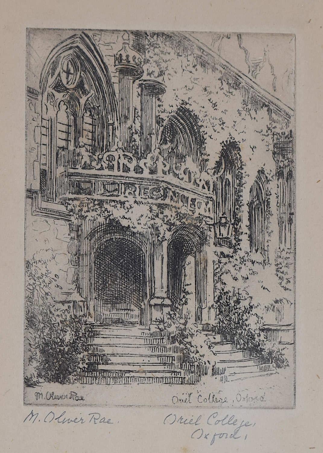 Mabel Oliver Rae (1868-1956)
Oriel College, Oxford
20 x 12 cm 
Etching

Mabel Oliver Rae was born in Cambridge and trained at the Slade School of Fine Art between 1888 and 1890. Rae is known for her skilled etchings of various rural scenes and