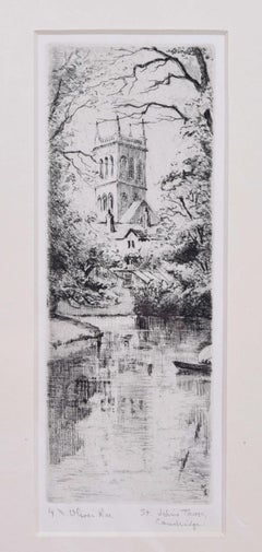 Eau-forte de Mabel Oliver Rae : Chapel Tower of St John's College, Cambridge