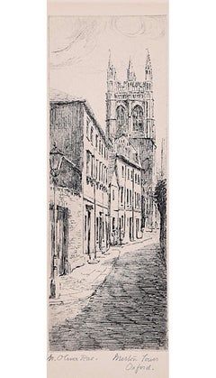 Antique Mabel Oliver Rae, etching of Merton Tower, Oxford