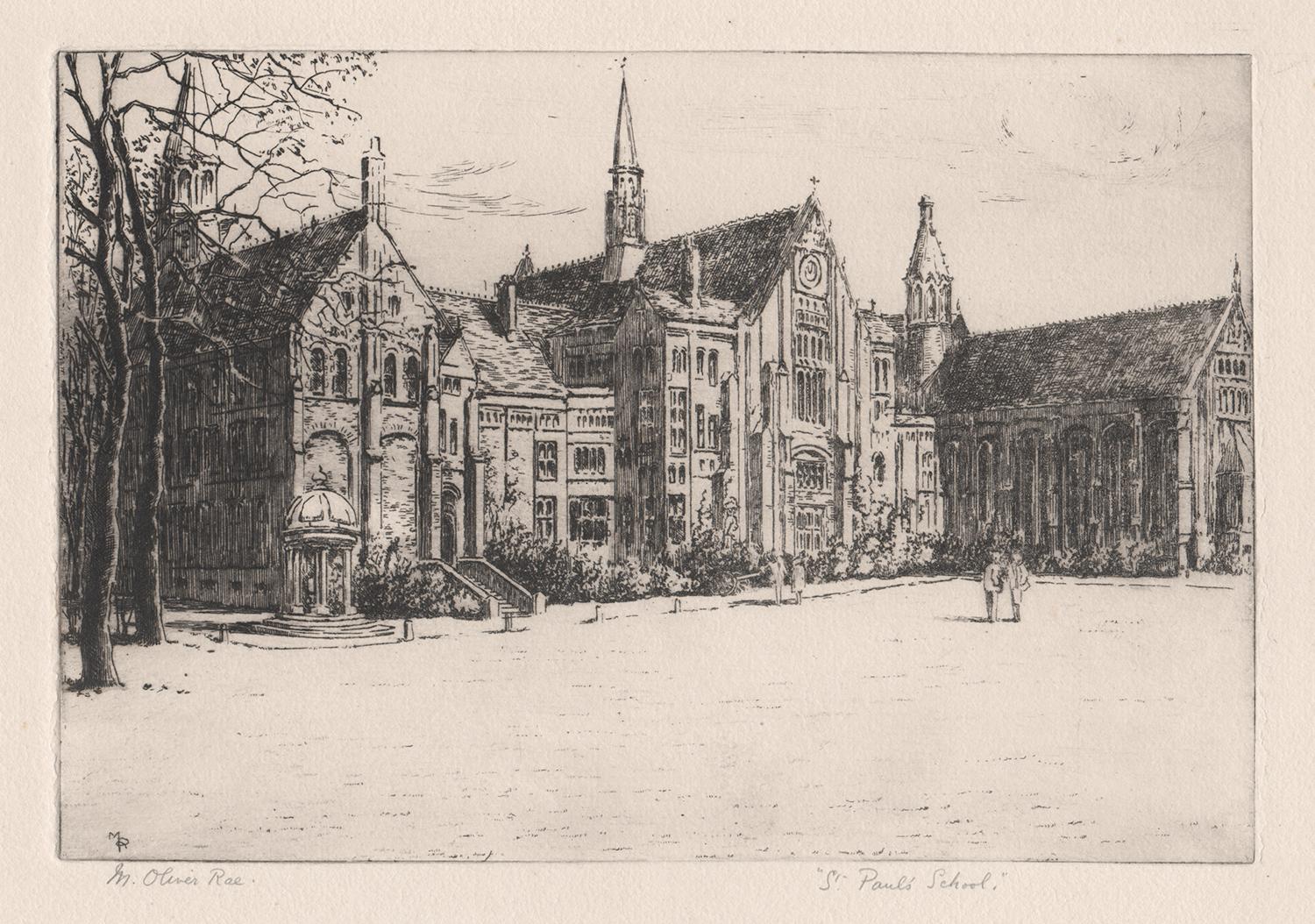 St Paul's School, London, signed etching by Mabel Oliver Rae, circa 1920