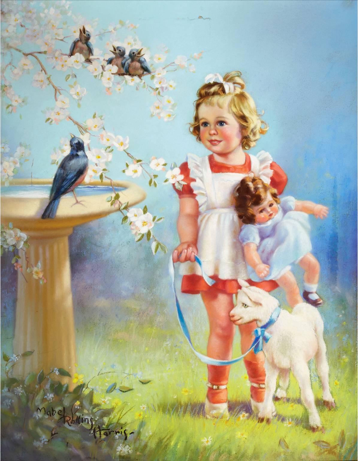 MABEL ROLLINS HARRIS Animal Painting - Springtime Melody - Young Girl with Baby Lamb and BlueBirds