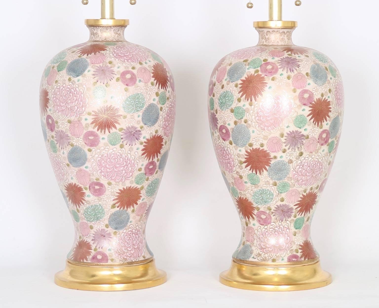 Gilt Mabro Hollywood Regency Japanese Chrysanthemum Table Lamps
