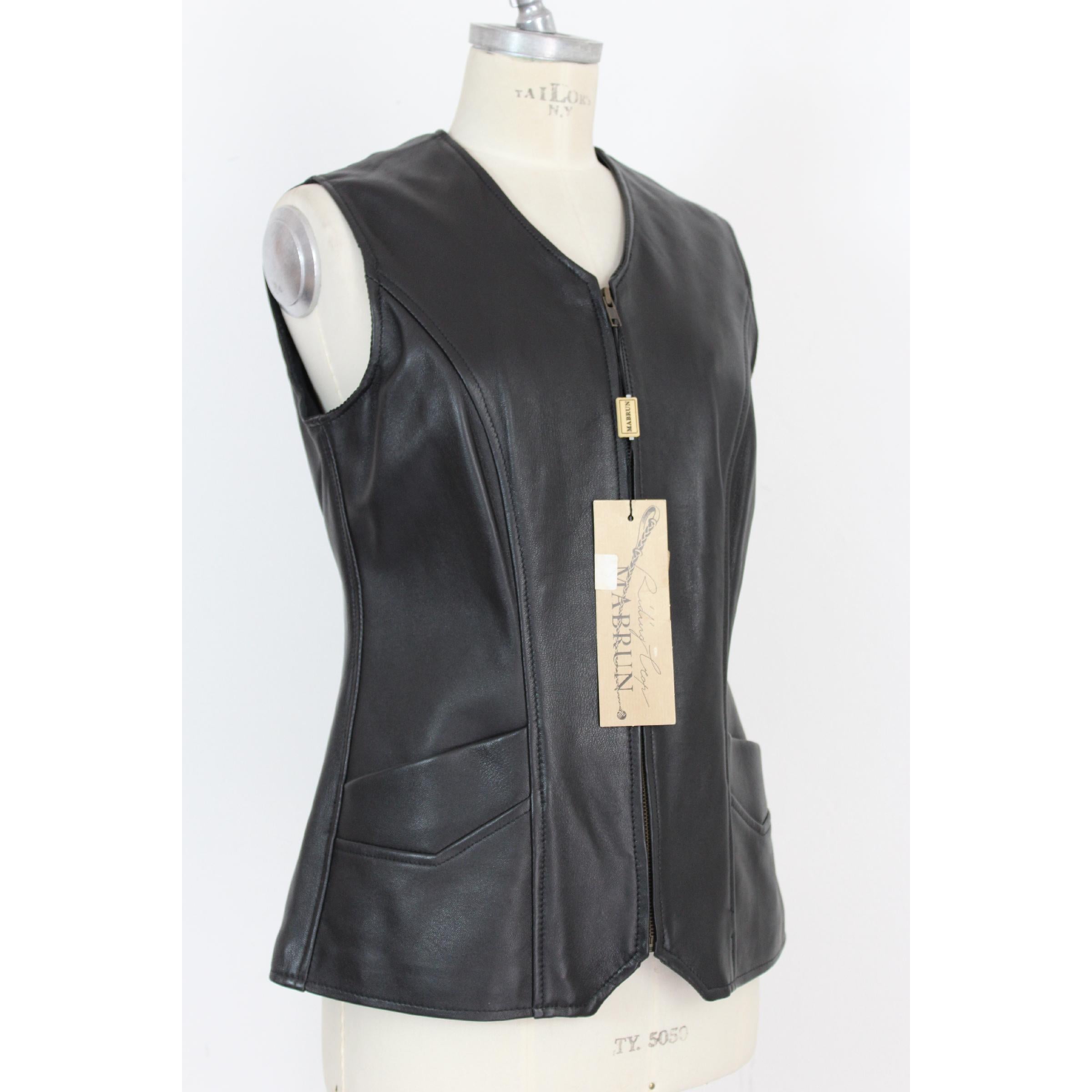 Women's Mabrun Vintage Black Leather Biker Vest