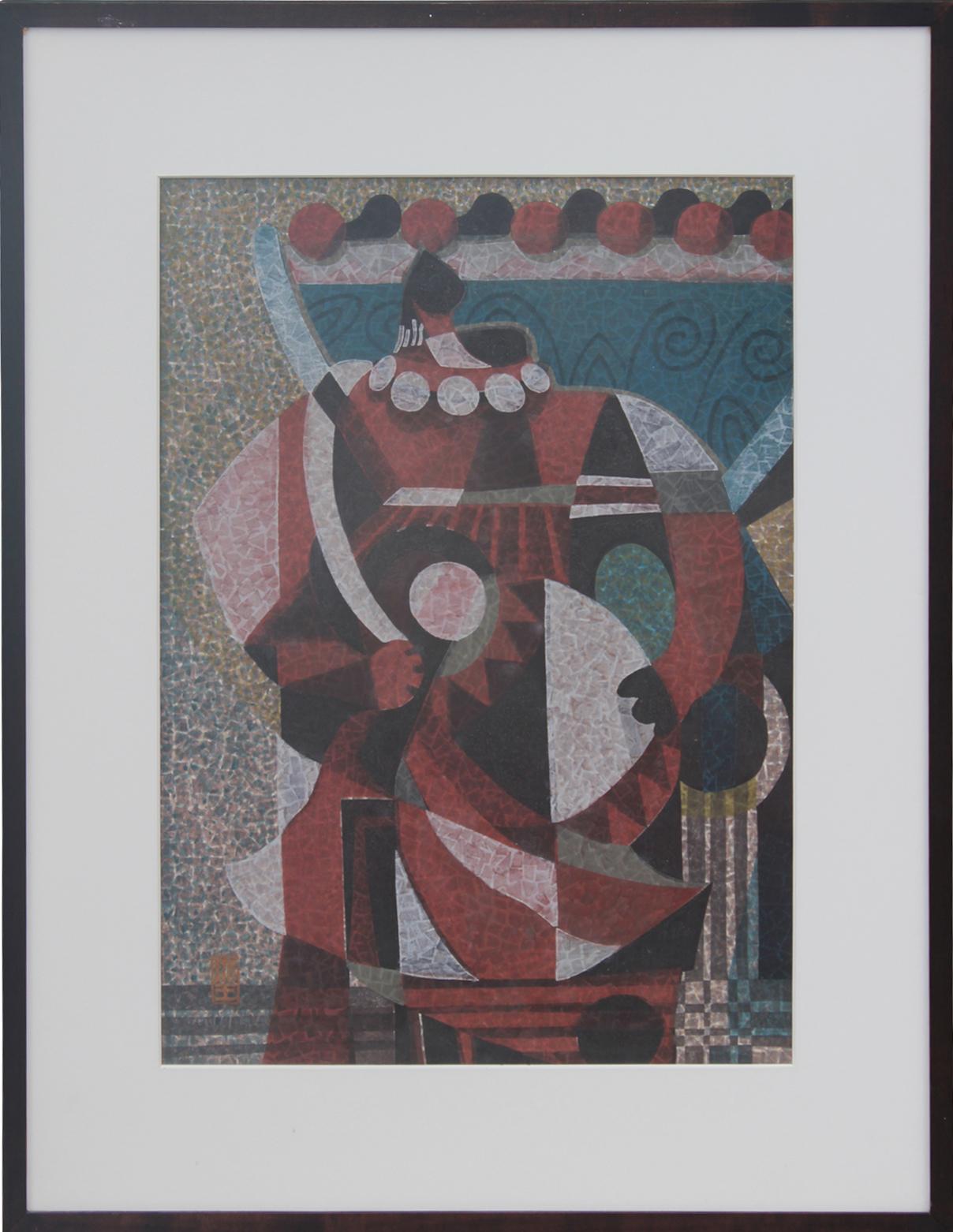 Figura che tiene un tamburo Stampa cubista su legno giapponese - Print di Mabuchi Toru 