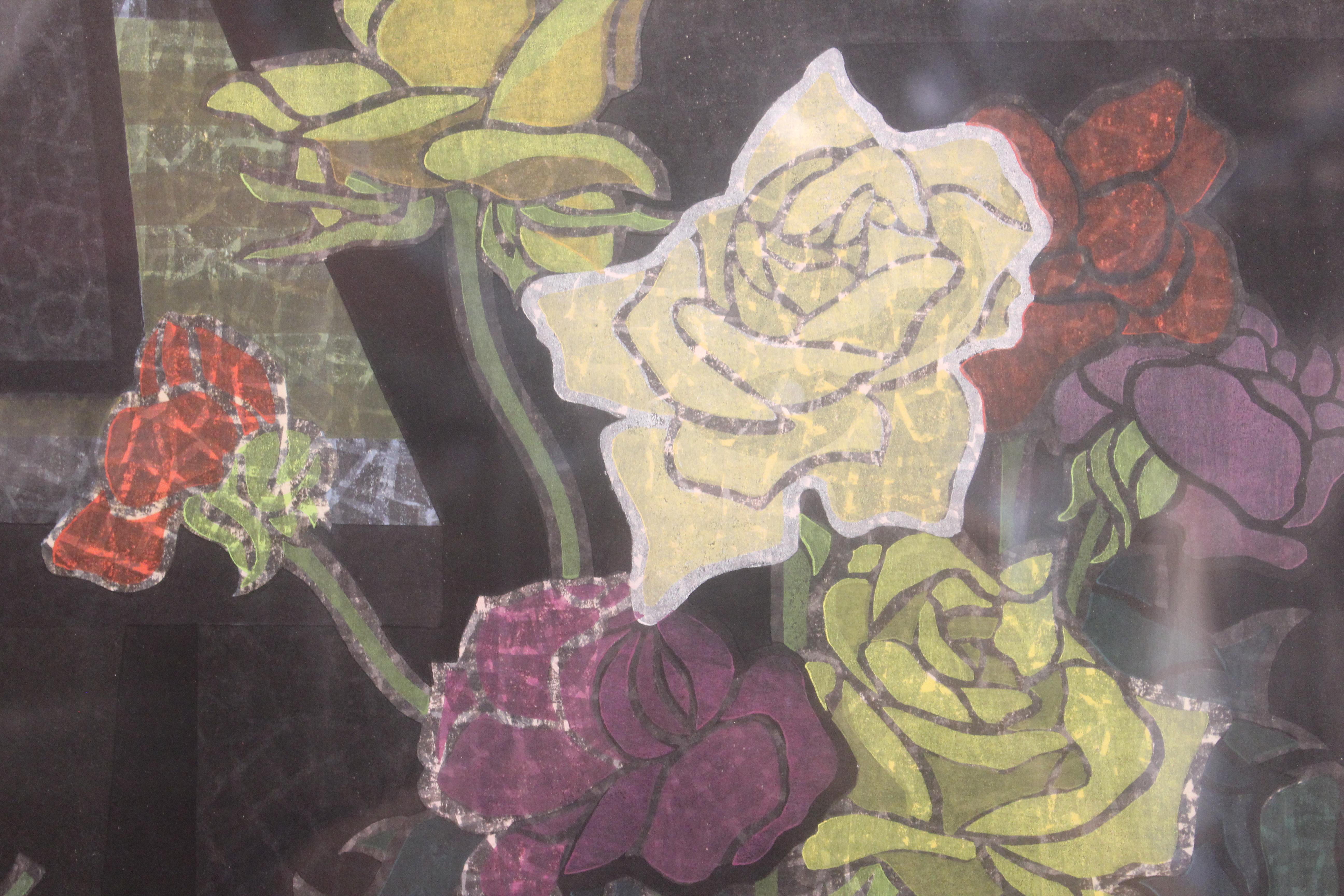 Japanischer Holzblockdruck Blumenstillleben (Schwarz), Still-Life Print, von Mabuchi Toru 