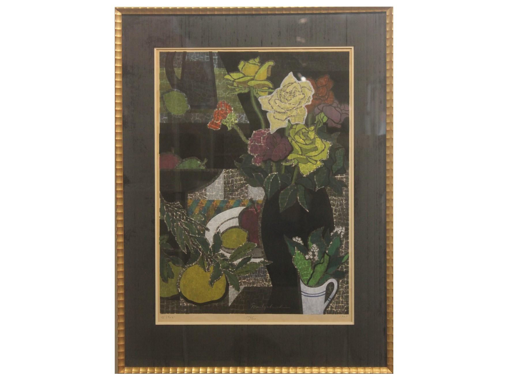 Mabuchi Toru  Still-Life Print – Japanischer Holzblockdruck Blumenstillleben