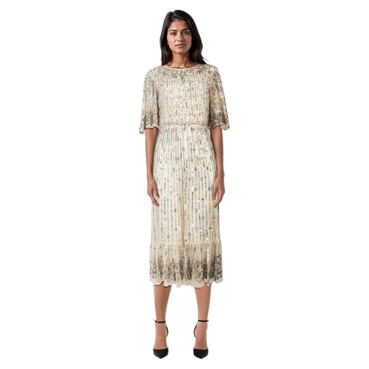 Mac Duggal Silver Embellished Midi Dress Size M