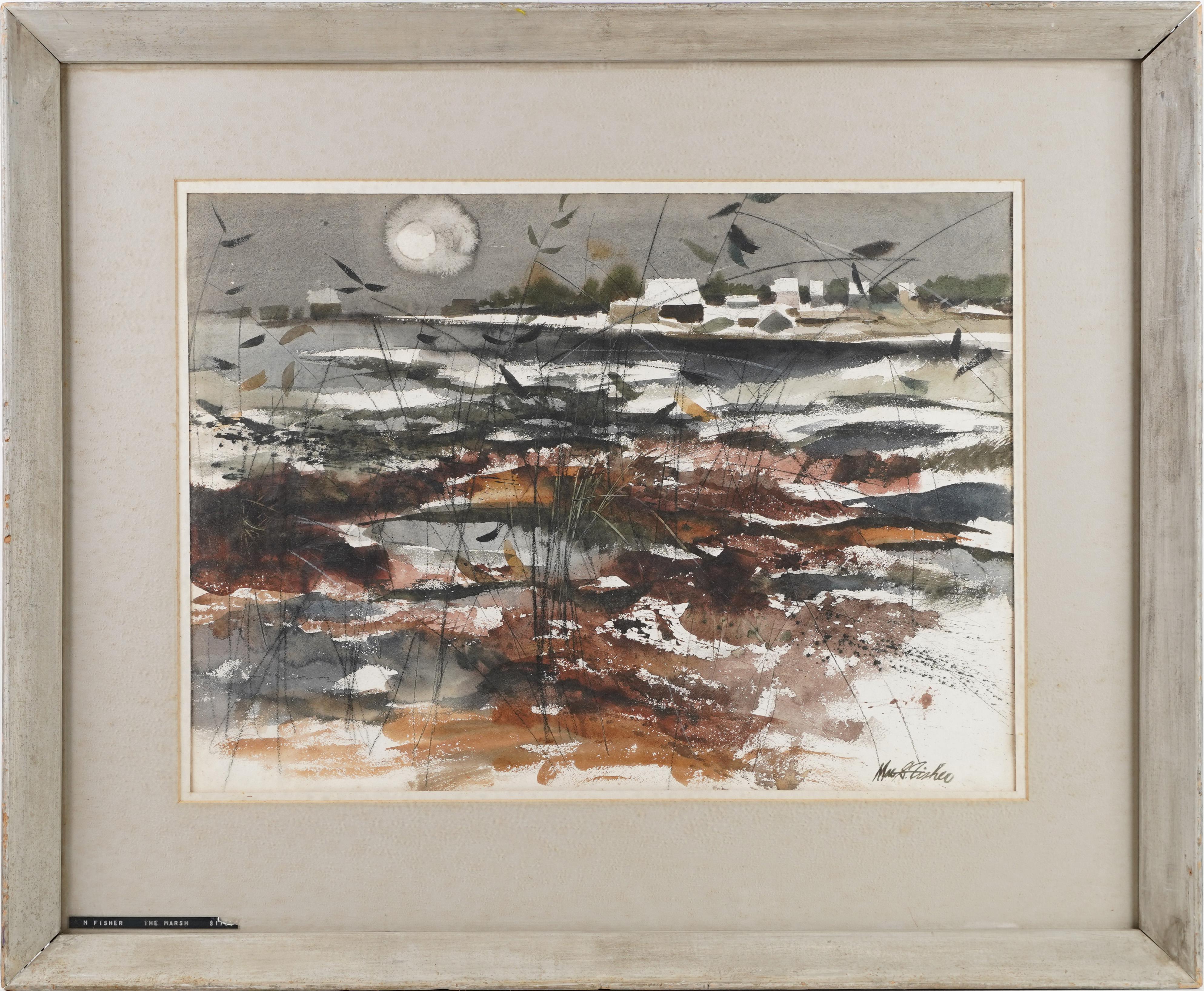 Mostra Paesaggio invernale modernista Pittura ad acquerello originale della palude al chiaro di luna - Painting di mac fisher