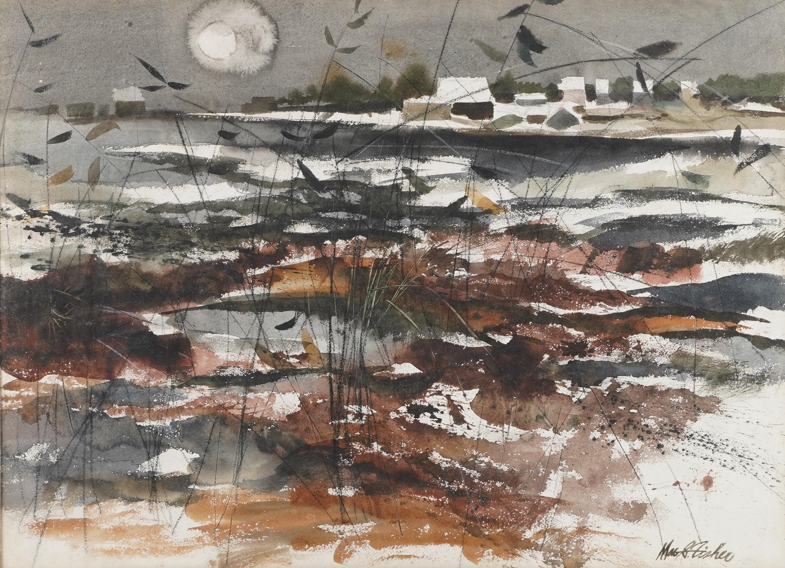 Mostra Paesaggio invernale modernista Pittura ad acquerello originale della palude al chiaro di luna - Painting Astratto di mac fisher
