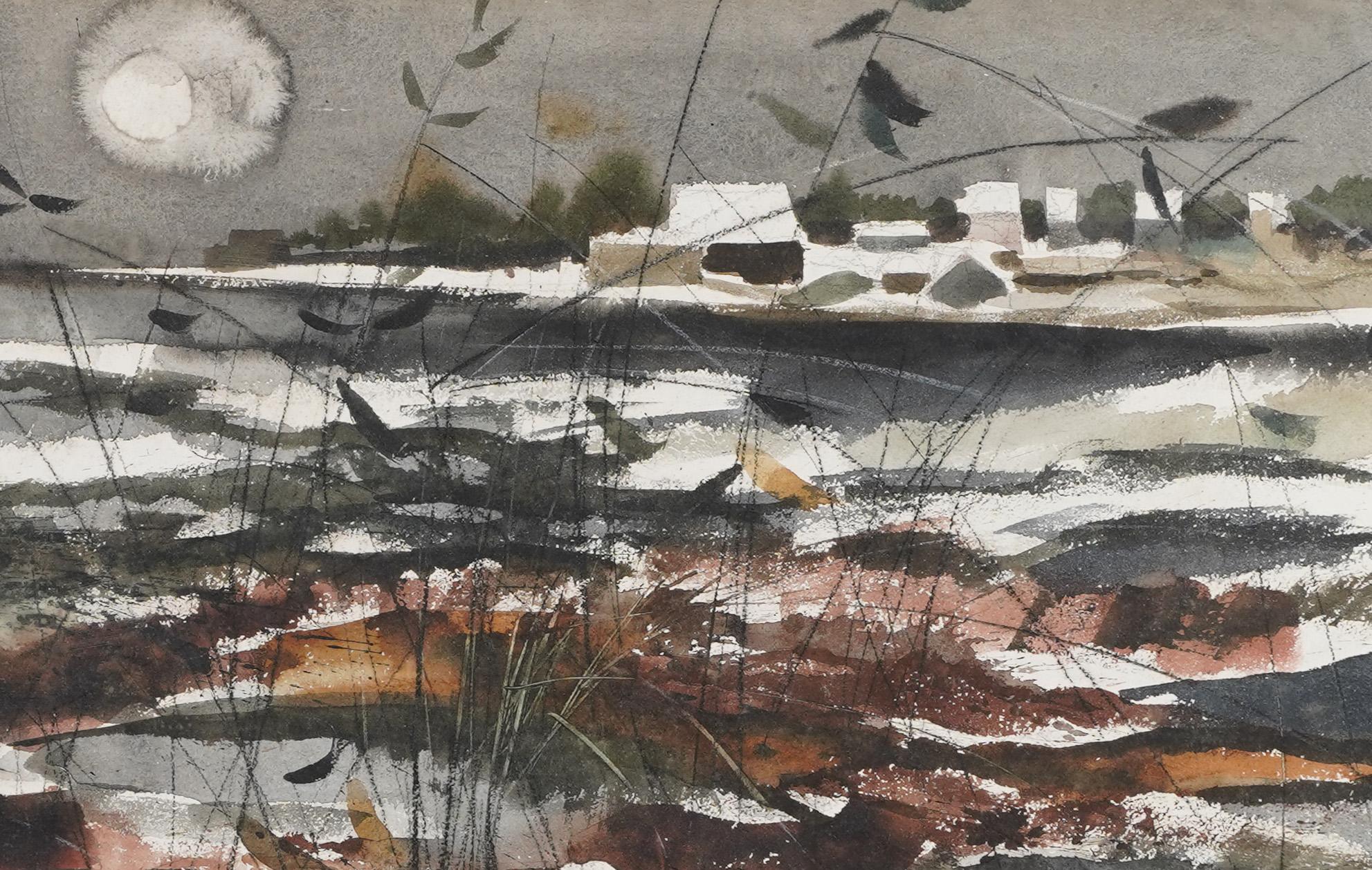 Acquerello e gouache di un paesaggio palustre modernista.  Firmato.  Incorniciato.  Dimensioni dell'immagine, 27,5L x 20H.  