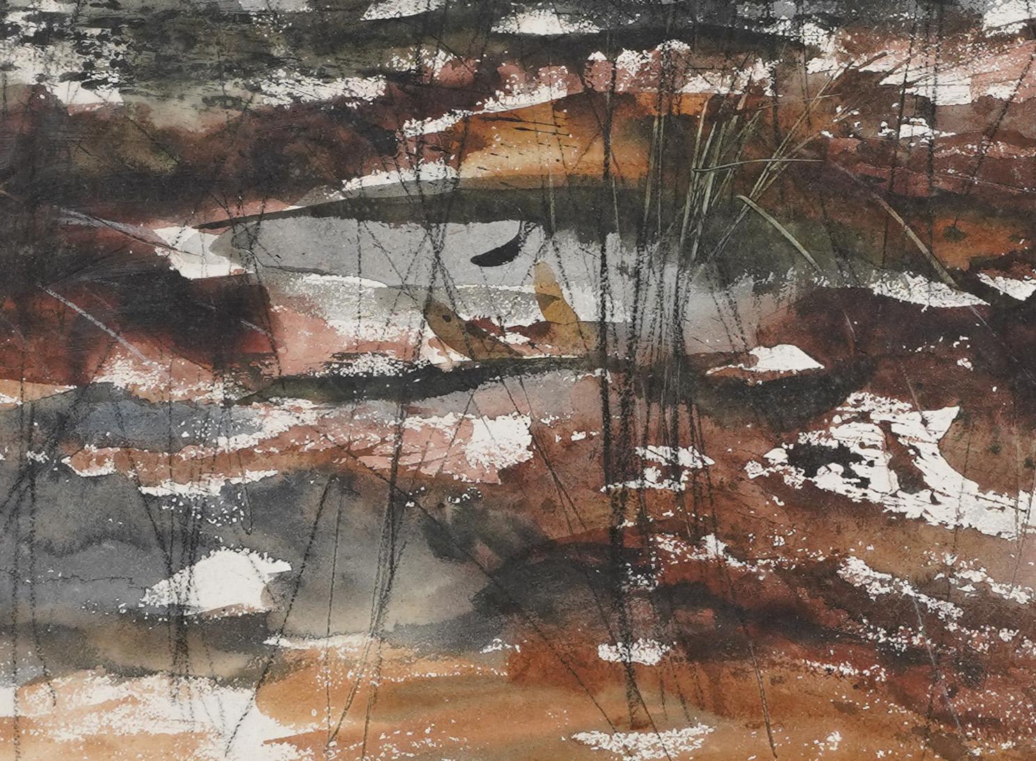 Mostra Paesaggio invernale modernista Pittura ad acquerello originale della palude al chiaro di luna 1