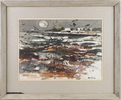 Exhibited Winter Landscape Modernist Original Moonlit Marsh Watercolor Painting