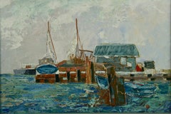 French Coastal Sail Boat Dock Oil  Painting