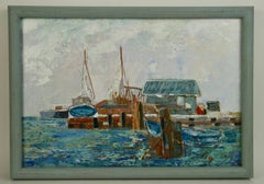 French Coastal Sail Boat Dock Oil Painting, Signed, Framed, 1960s