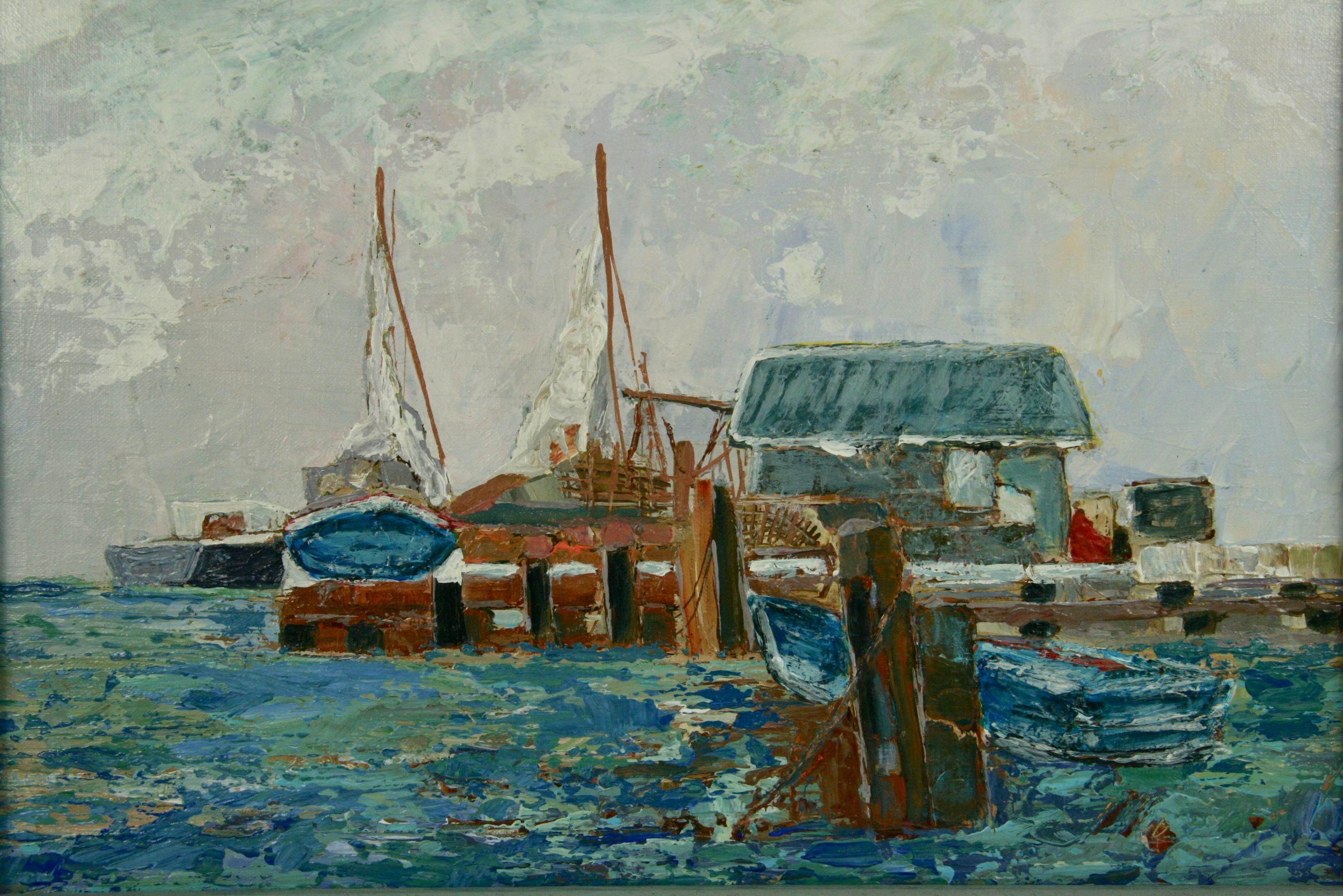 Vintage Impressionniste California Boat Dock Coastal  Peinture de paysage - Painting de Mac Gucol