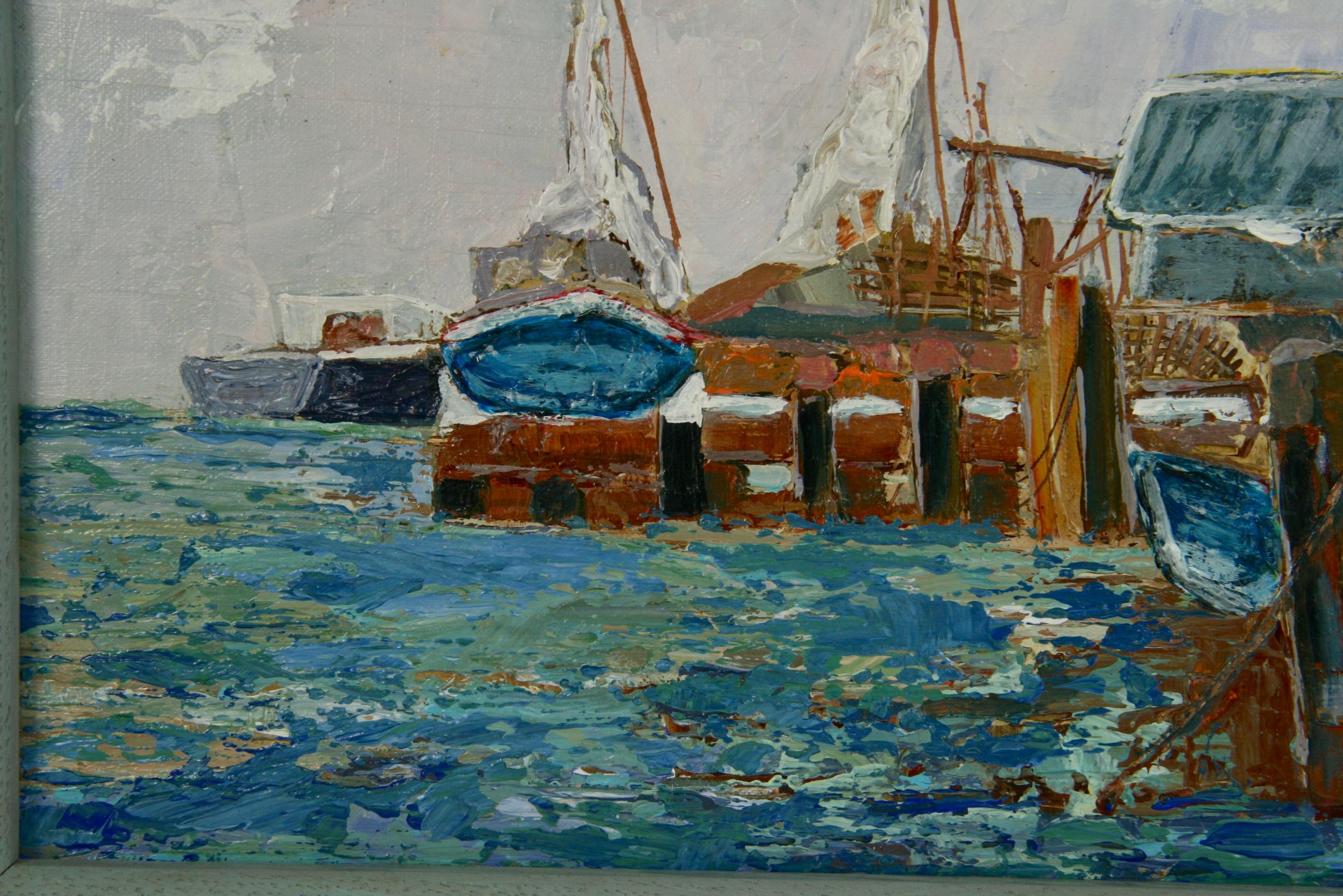 Impressionistische kalifornische Boots Dock Coastal, Vintage  Landschaftsmalerei (Grau), Landscape Painting, von Mac Gucol