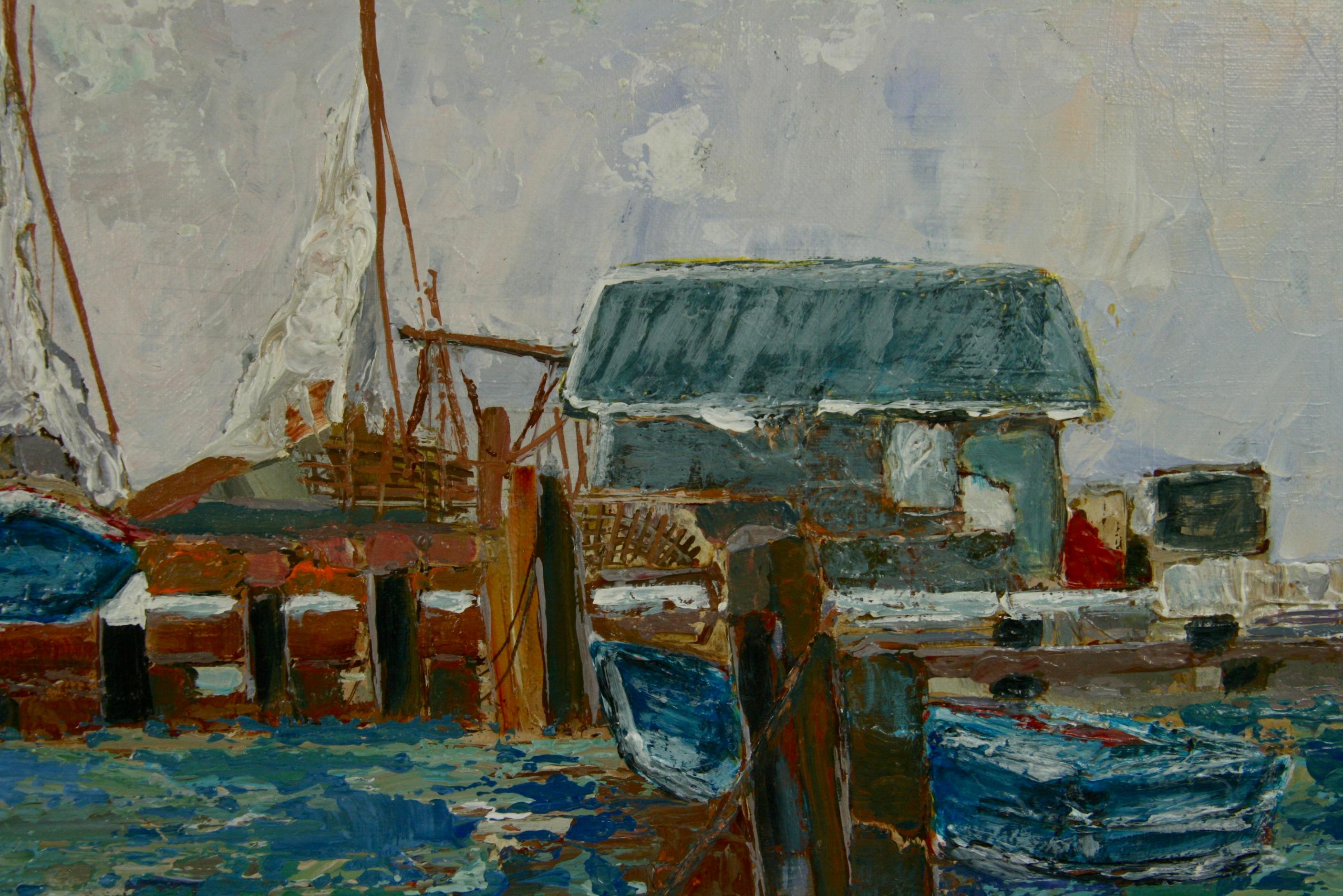 Impressionistische kalifornische Boots Dock Coastal, Vintage  Landschaftsmalerei im Angebot 1