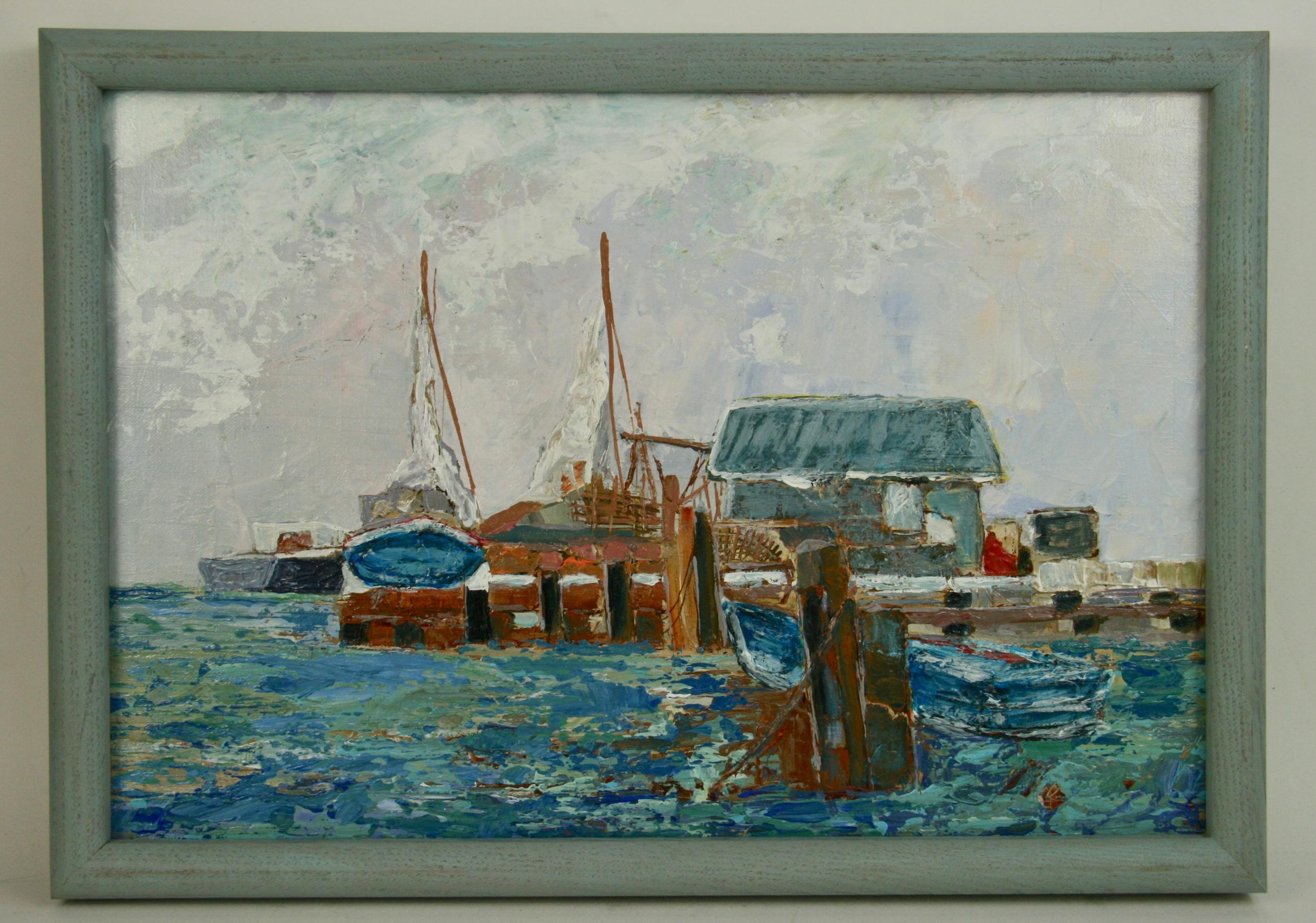 Impressionistische kalifornische Boots Dock Coastal, Vintage  Landschaftsmalerei im Angebot 2