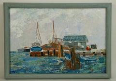 Vintage Impressionniste California Boat Dock Coastal  Peinture de paysage