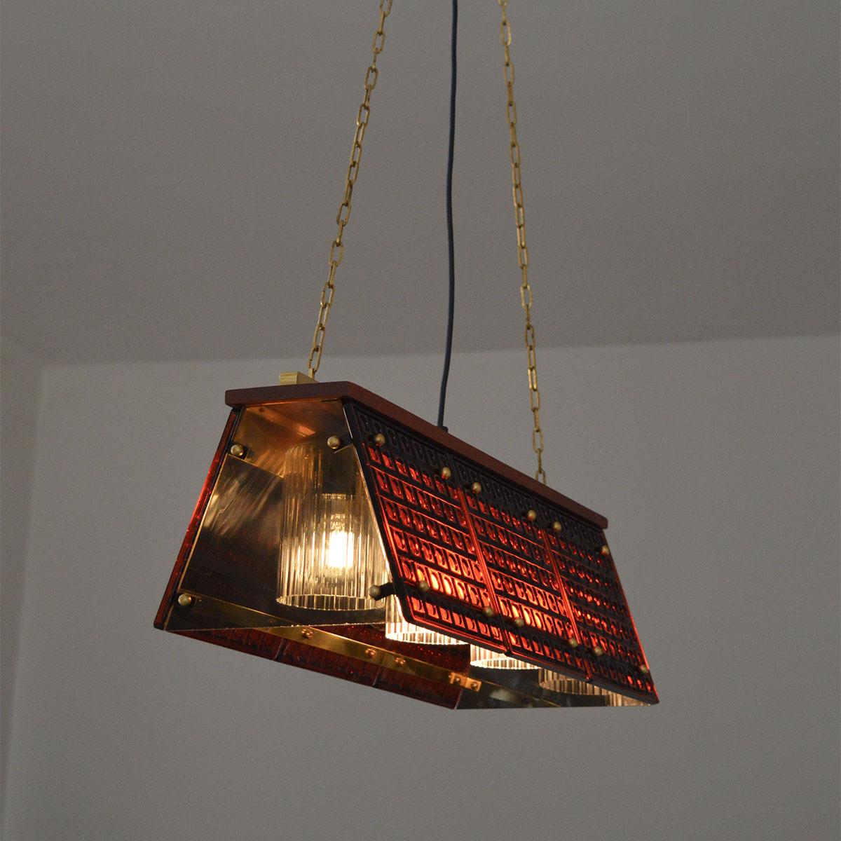 Scandinavian Modern Mac Hegerup Ceiling Lamp in Brass and Red Glass, 1960s For Sale