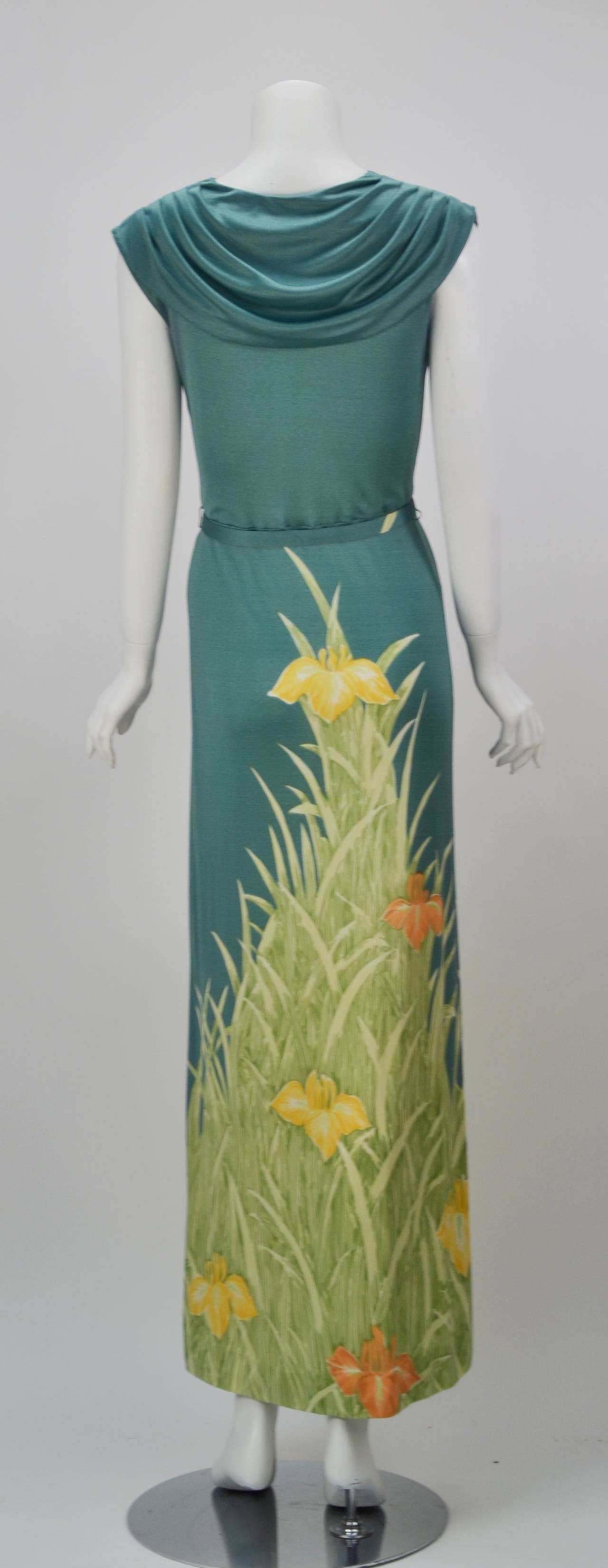 Gray Mac Tac for Leonard Sunshine Spring Print Maxi Dress, 1970s  For Sale