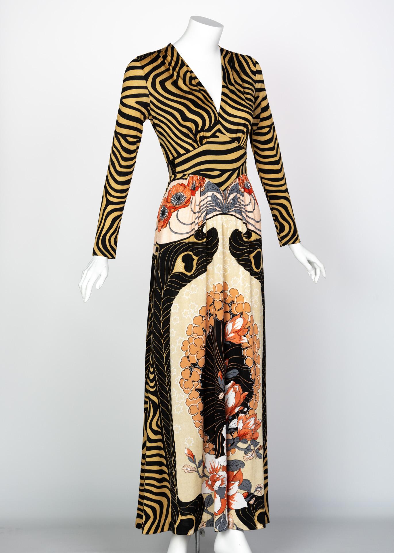 In collaboration with the renowned Paris house of prints, Leonard, the graphic and print designer MacTac offered this zany almost surrealist print for this 1970s silky nylon  jersey maxi dress. This dress combines a buff and black zebra stripe motif