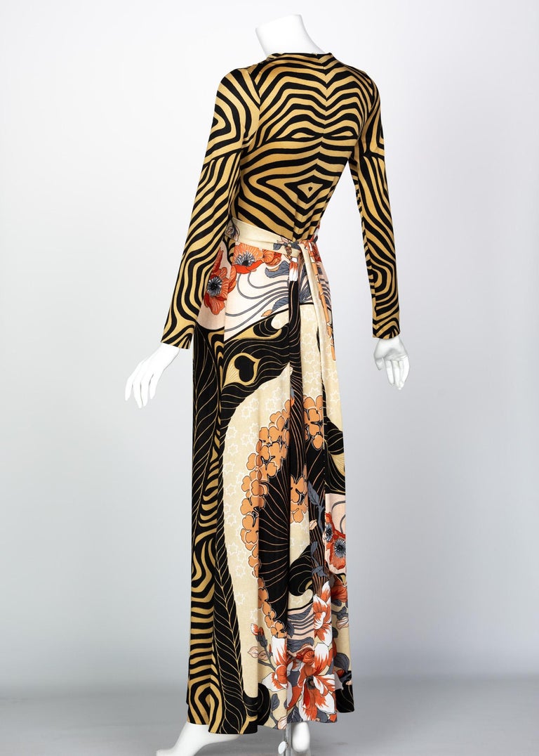1970s Mac Tac Caped Floral Jersey Maxi Dress