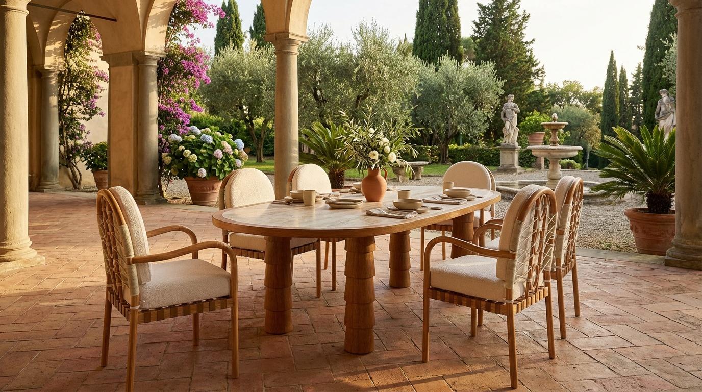 La table à manger Macarella, créée en partenariat avec Mediterrazza, est une véritable déclaration de l'artisanat méditerranéen dans le mobilier de luxe d'extérieur. Fabriqué à la main en bois d'iroko massif, il présente des pieds sculptés qui lui