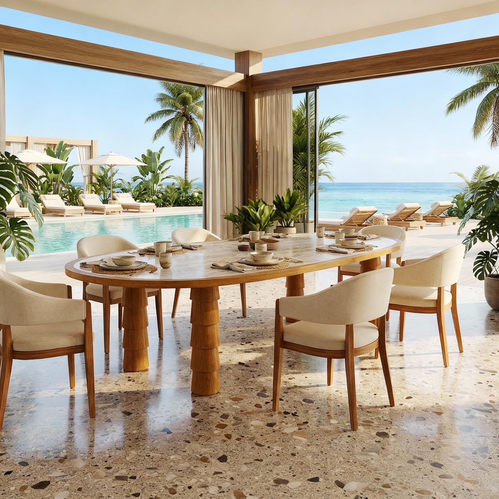 Table de salle à manger d'extérieur Macarella en Wood Wood Iroko et Travertin en vente 2