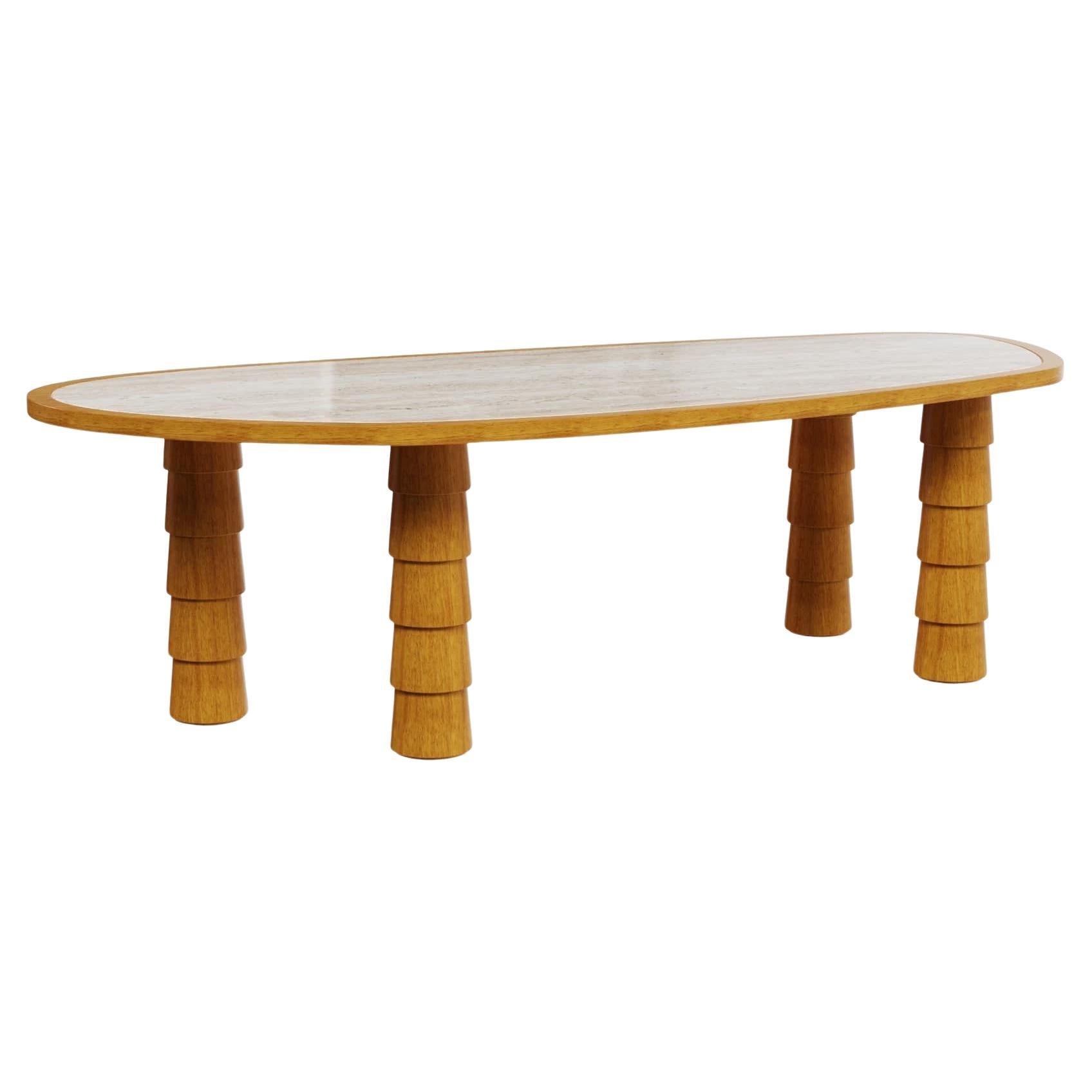 Macarella Outdoor Dining Table in Iroko Wood with Travertine