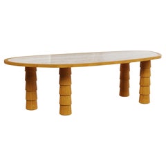 Macarella Outdoor Dining Table in Iroko Wood with Travertine