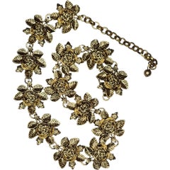 Macaron Gold Tone Rose Motif Necklace with Leaf Detailing, Mid-20th Century