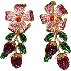 Macaron Signed Floral Berry Rhinestone Enamel Gold Tone Clip-On Earrings, 1980s