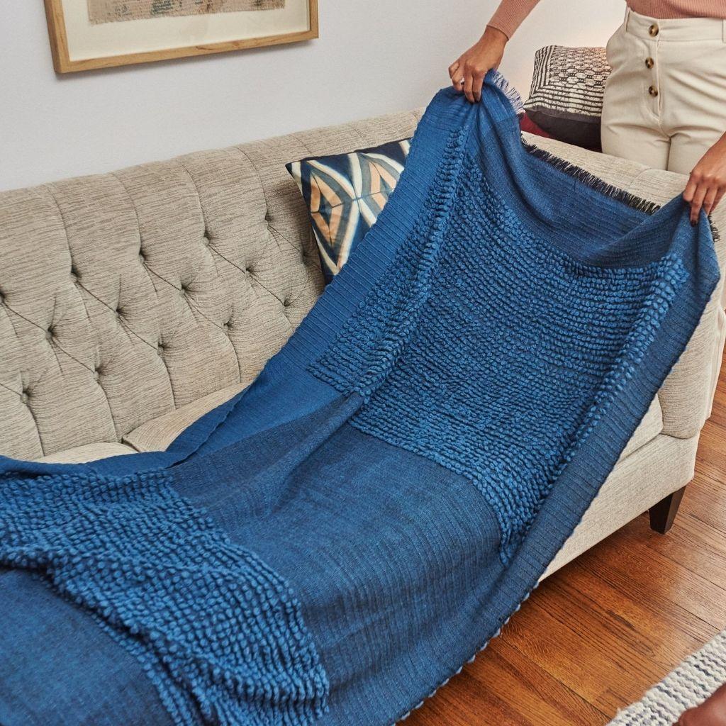 Contemporary Macaroon Midnight Plush Merino Handloom Throw /  Blanket in Deep Midnight Blues For Sale