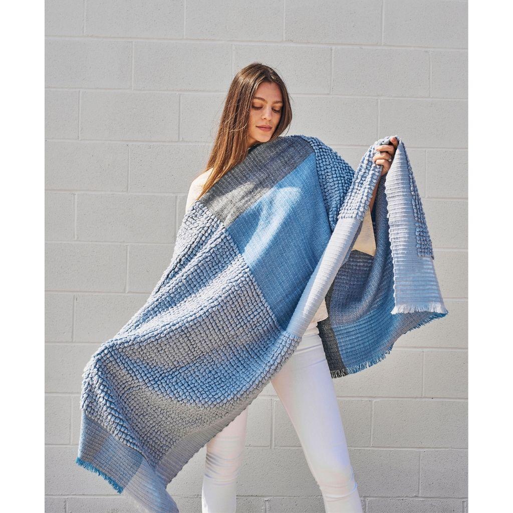 Macaroon Sky Plush Handloom Merino Throw / Blanket in Pleasing Shades of Sky In New Condition For Sale In Bloomfield Hills, MI