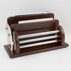 Portalettere accessorio da scrivania in Macassar, cromo e lucite, circa 1940