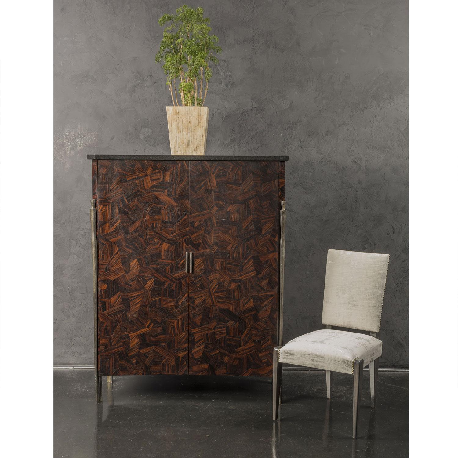European Macassar Ebony Abstract Parquetry Cabinet with Bronze Hardware and Granite Top For Sale