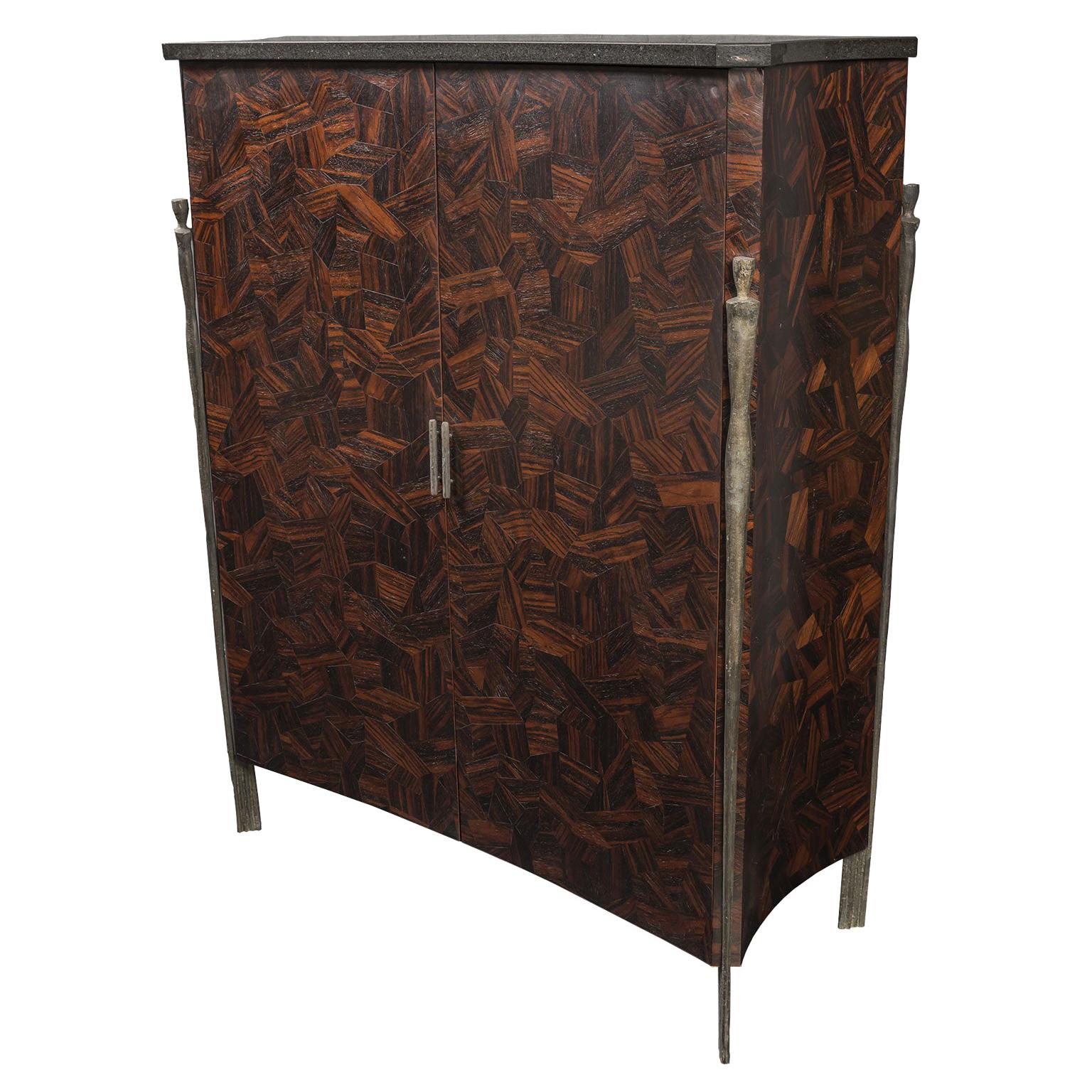 Macassar Ebony Abstract Parquetry Cabinet with Bronze Hardware and Granite Top