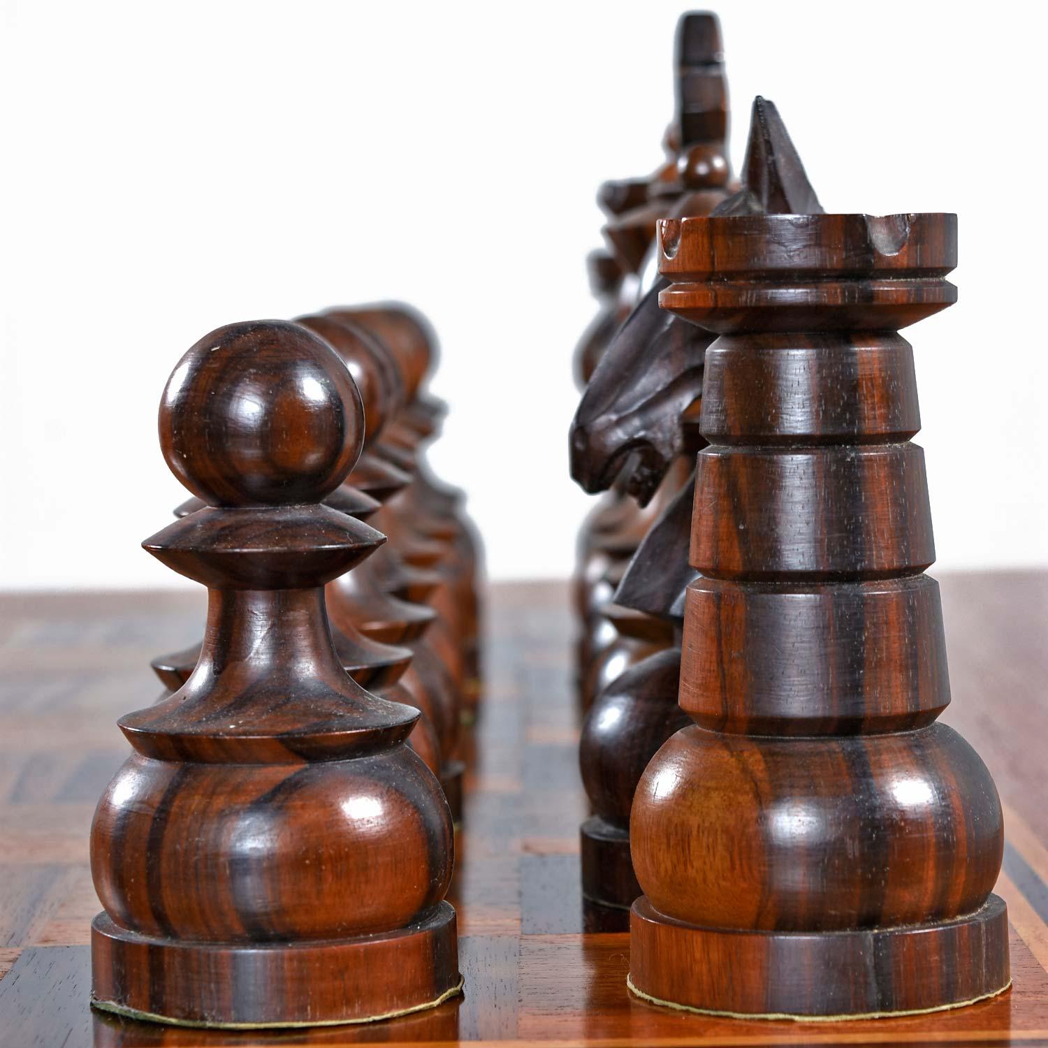 Mid-20th Century Macassar Ebony and Teak Exotic Hardwood Chess Set Table Set