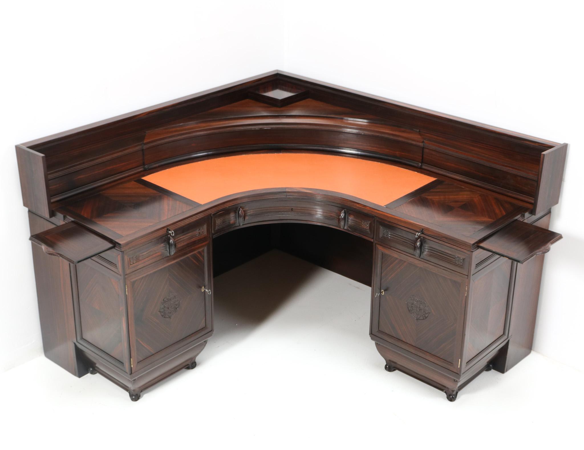 Faux Leather Macassar Ebony Art Deco Amsterdamse School Desk by Daniel van Dorp for Reens
